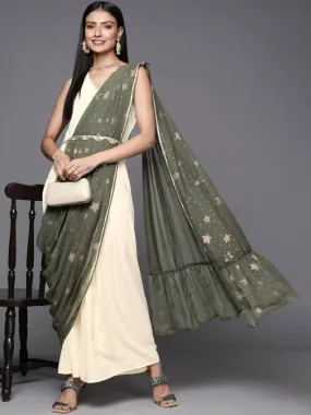 Ahalyaa Off White & Olive Green Ethnic Maxi Dress with Attached Dupatta