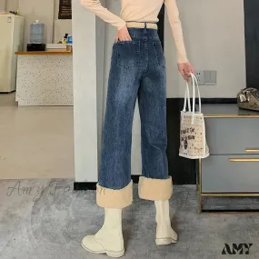 Amy Fashion - Winter Thick Velvet Fleece Faux Lambs Wool Stitching Fashion High Waist Casual Warm Wide Leg Denim Jean