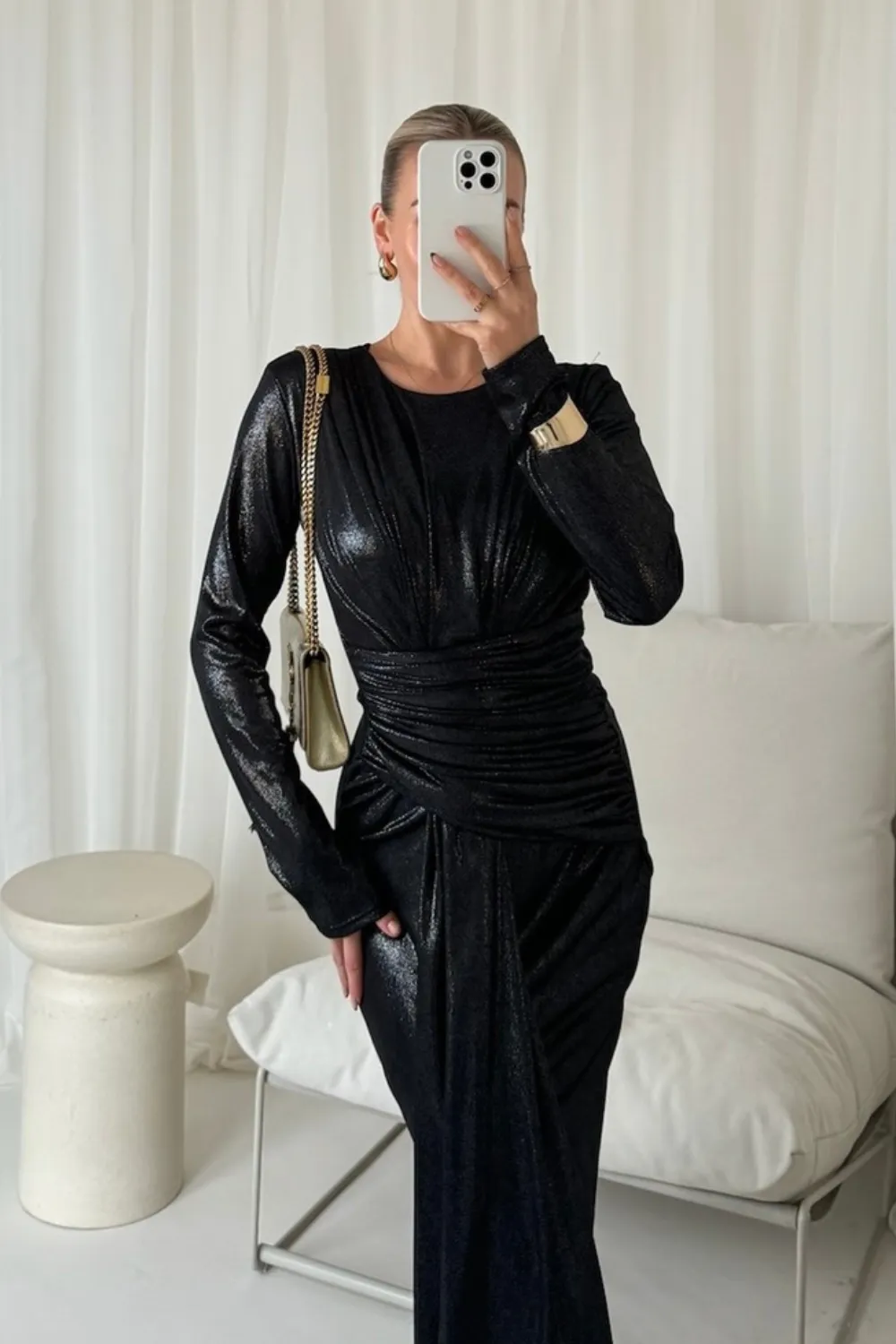 Beth black metallic ruched maxi dress