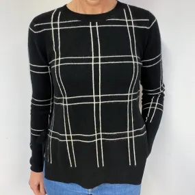 Black and White Check Cashmere Crew Neck Jumper Medium