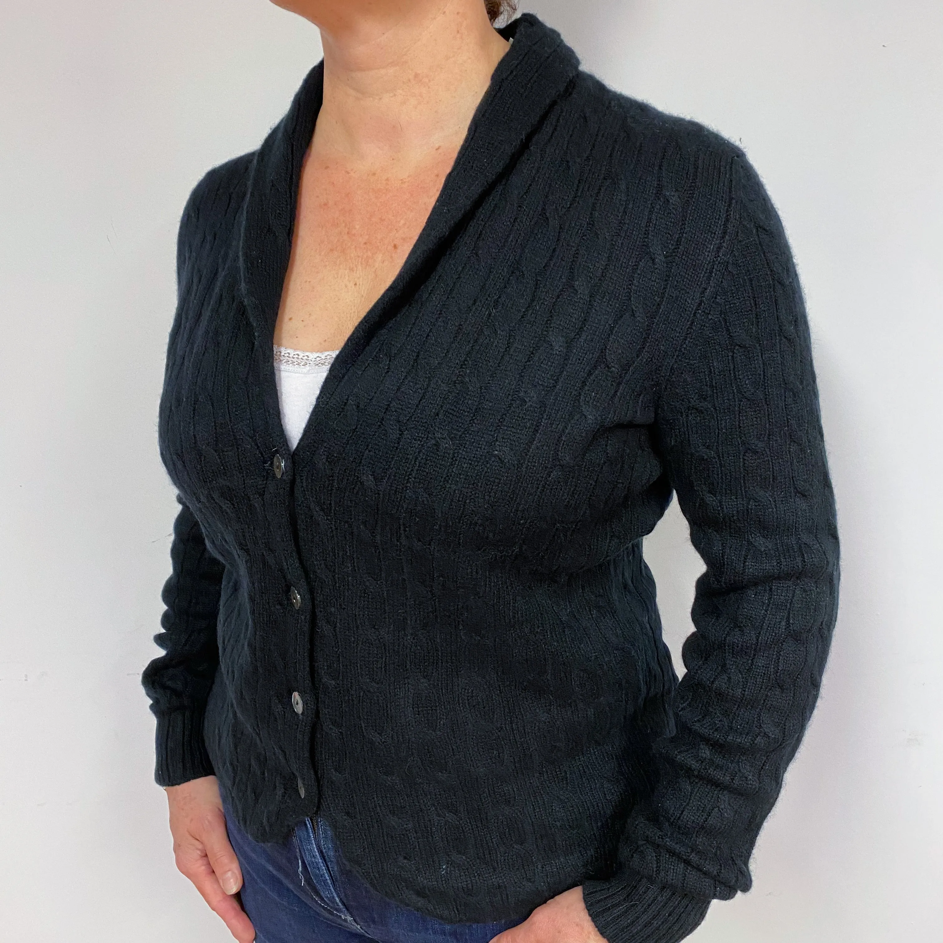 Black Cable Cashmere V-Neck Jacket Large