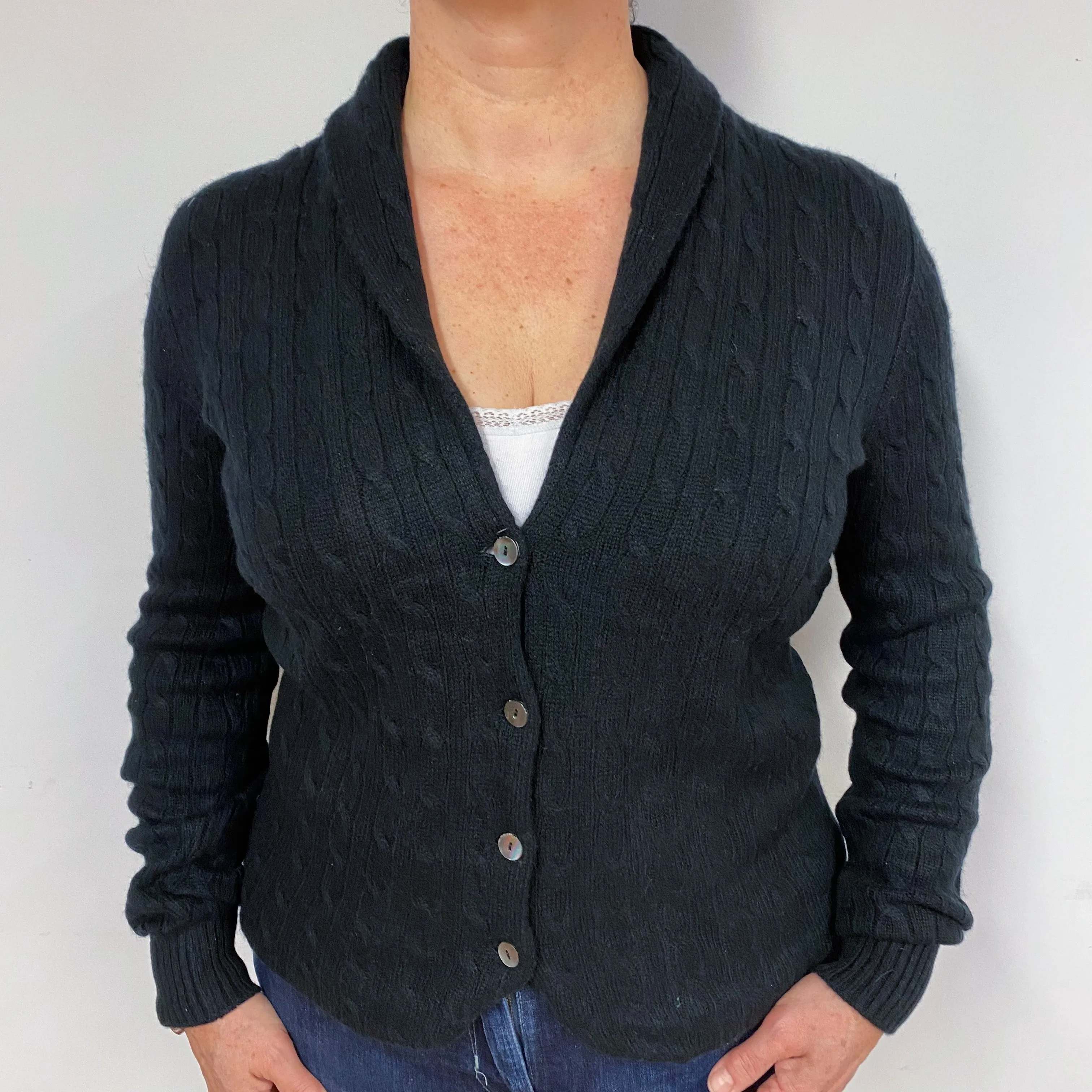 Black Cable Cashmere V-Neck Jacket Large