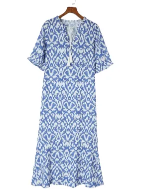 Blue Maxi Dress with White Ikat Pattern