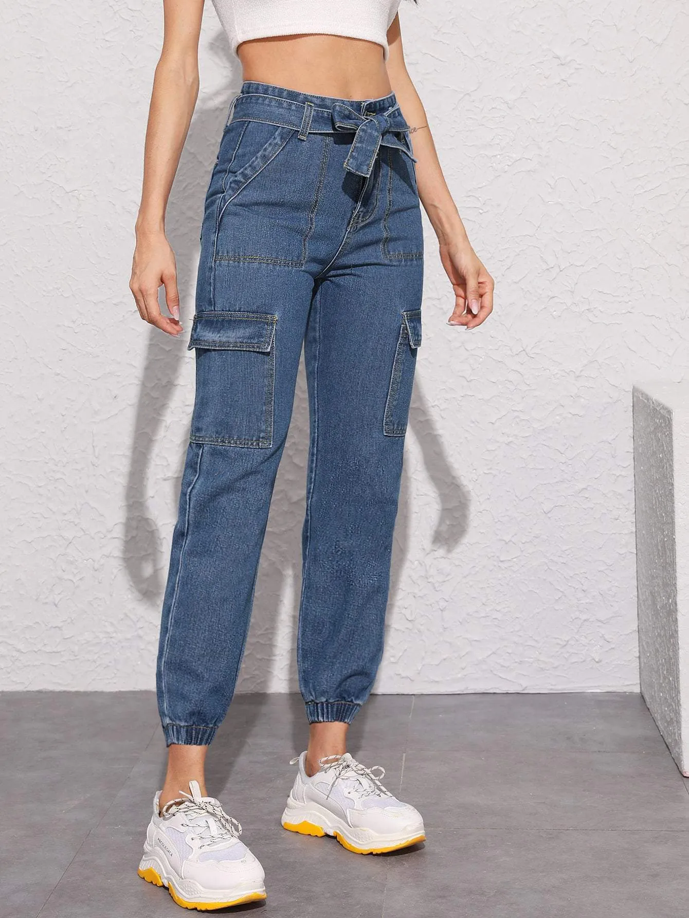 Blue Flap Pocket Belted Crop Tapered Jeans