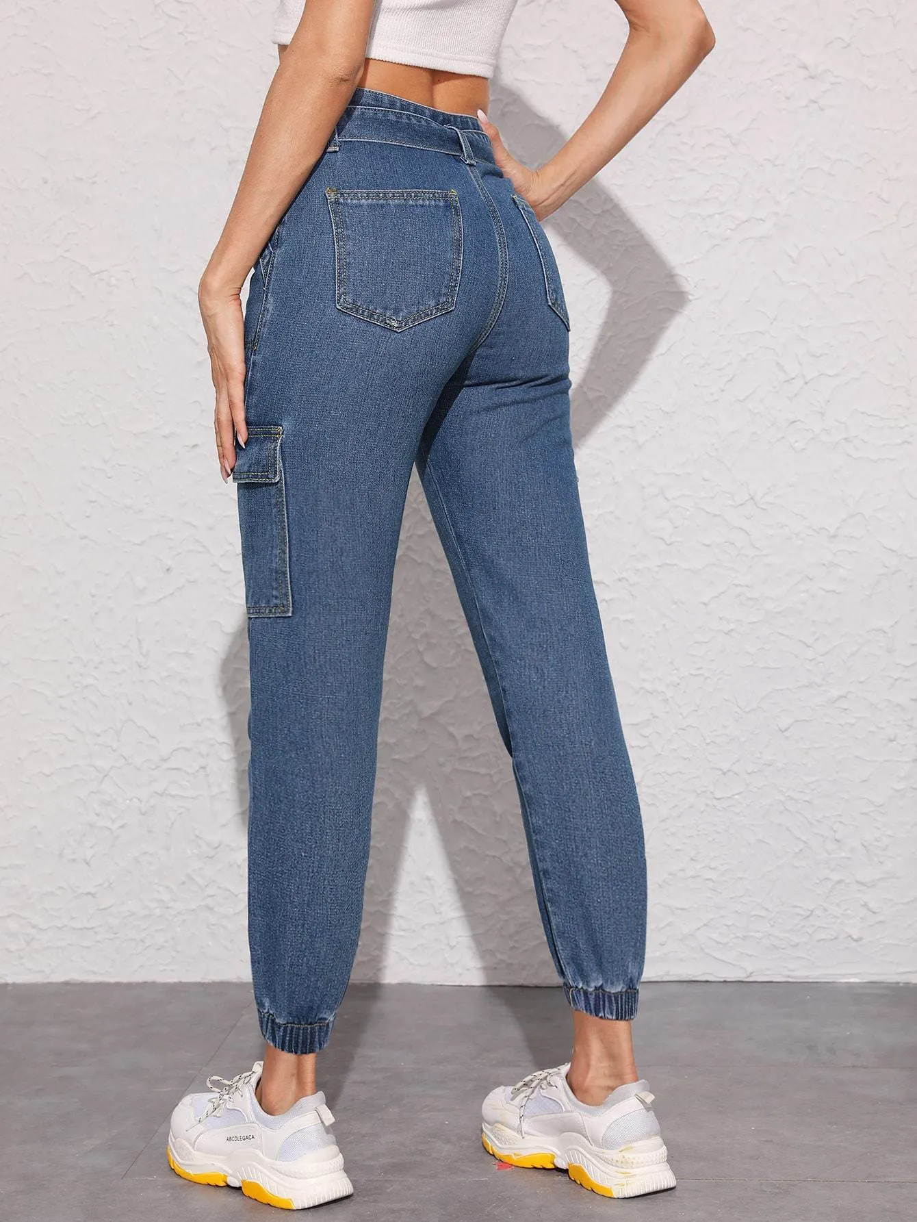 Blue Flap Pocket Belted Crop Tapered Jeans