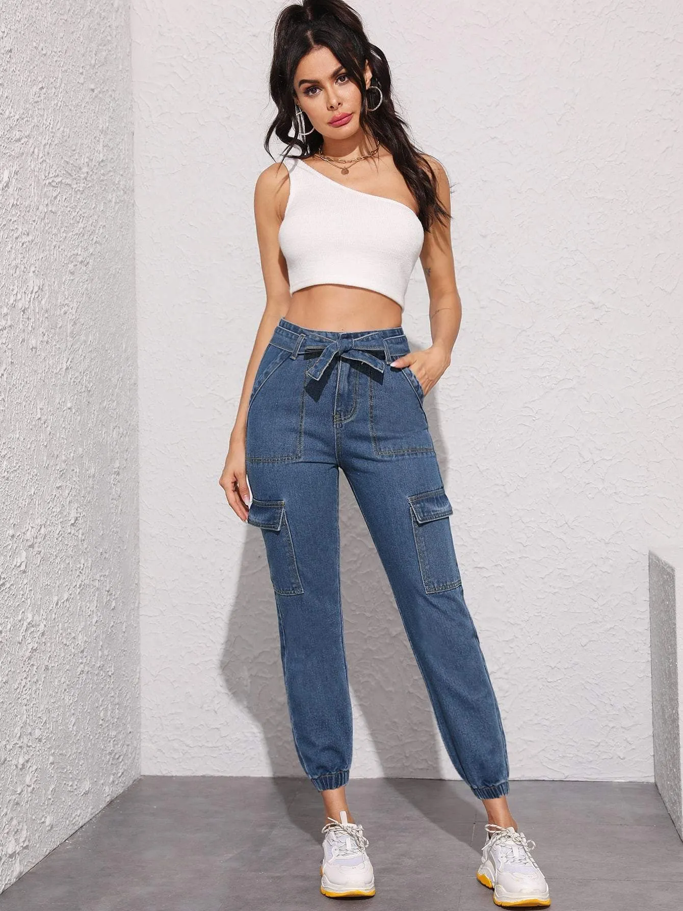 Blue Flap Pocket Belted Crop Tapered Jeans