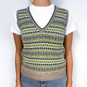 Brora Fawn Green Fair Isle Cashmere V-Neck Tank Top Small