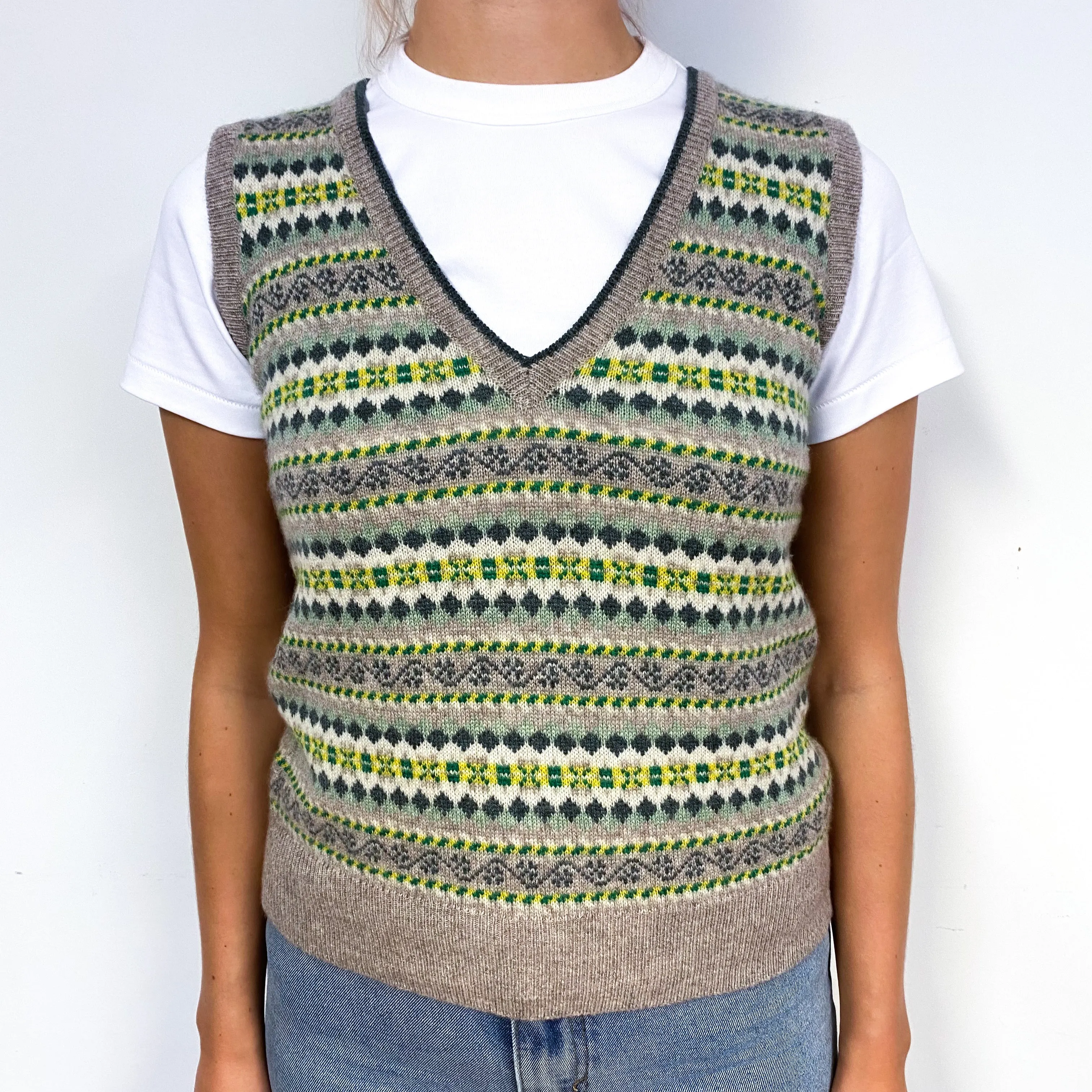 Brora Fawn Green Fair Isle Cashmere V-Neck Tank Top Small