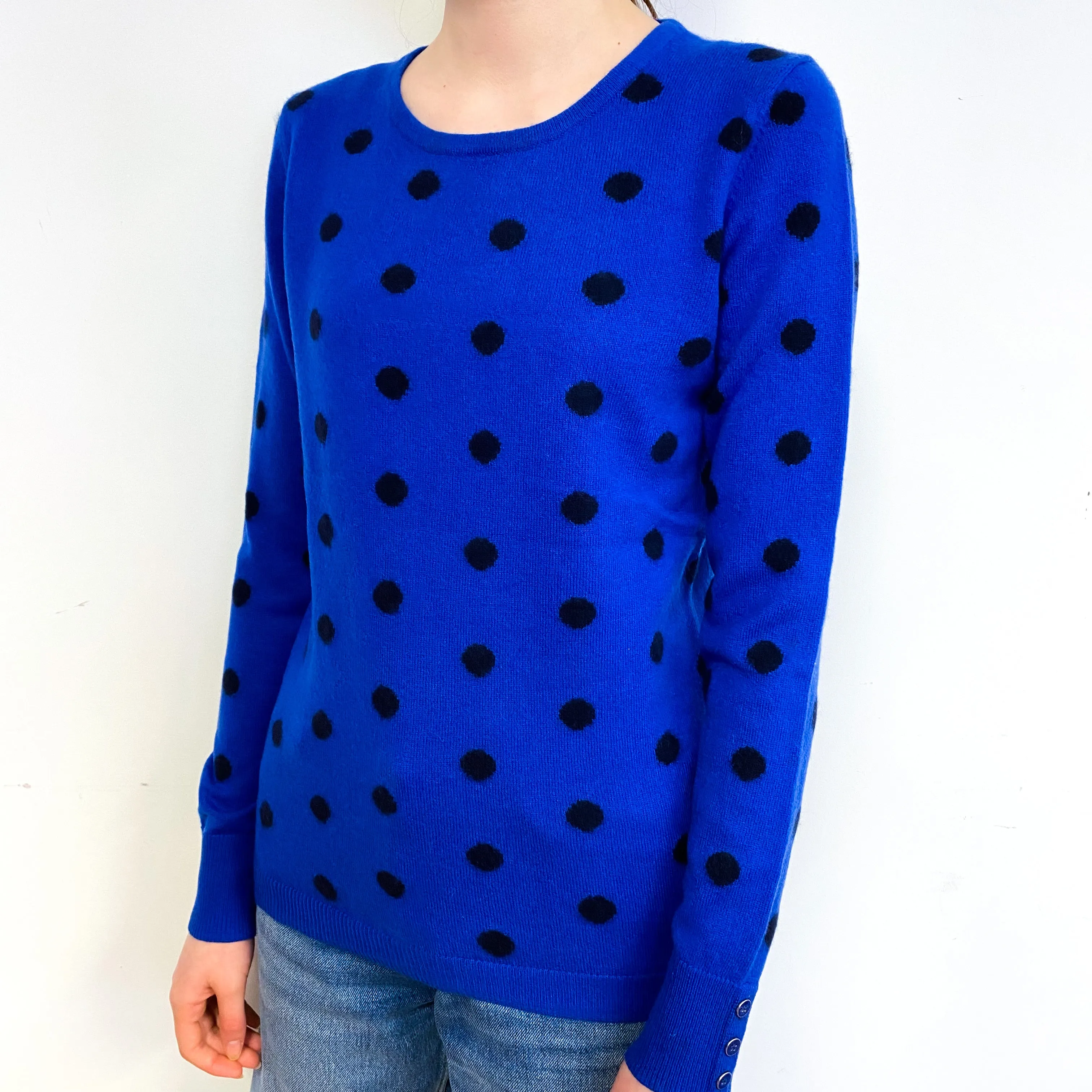 Cobalt Blue Polka Dot Cashmere Crew Neck Jumper Extra Small