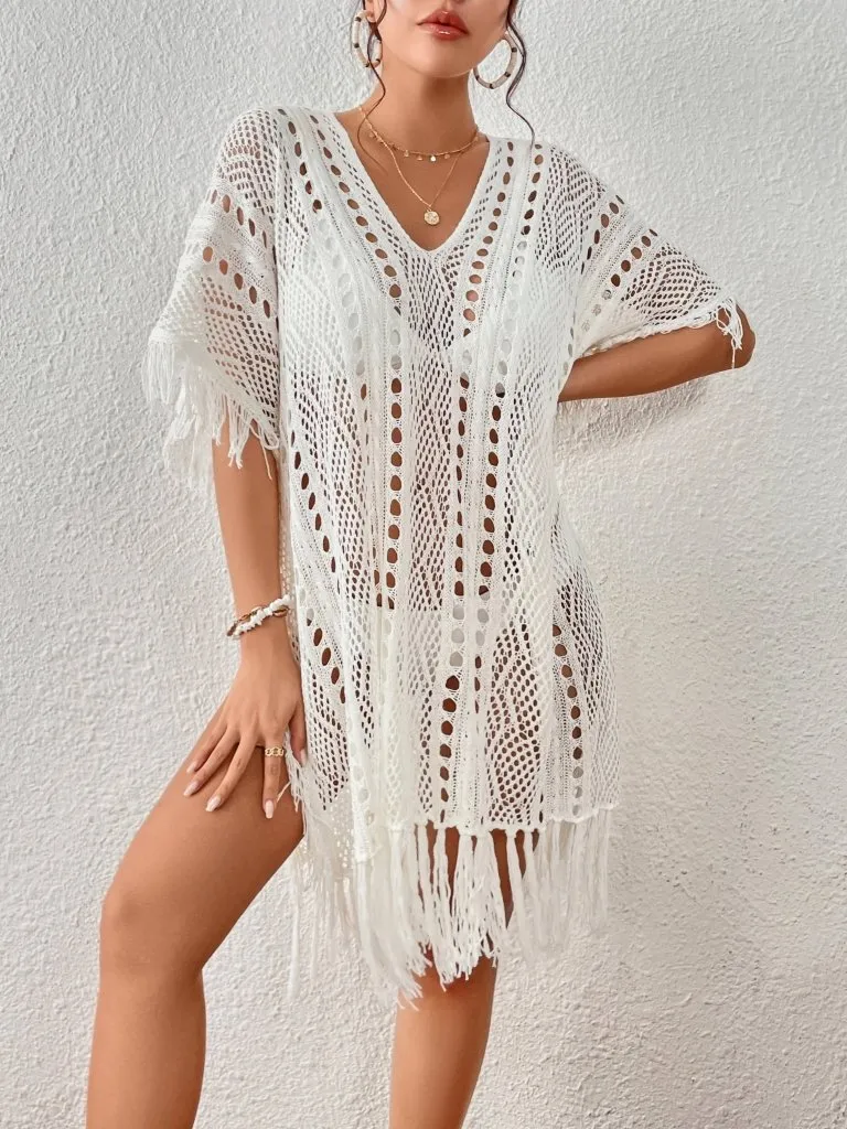 Crochet Knit Tassel Swimwear Bikini Top Cover Up