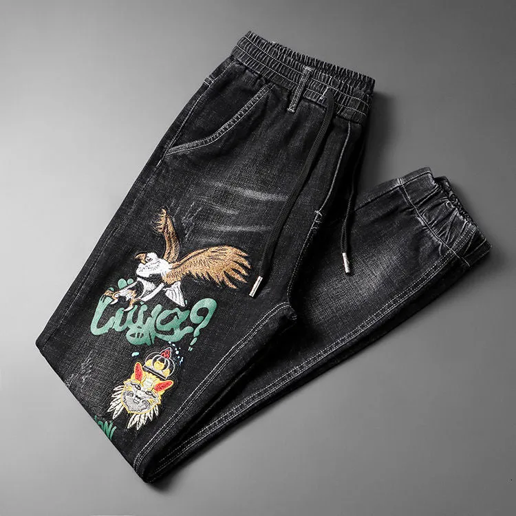 Eagle and Words Embroidery Decorated Black Jeans