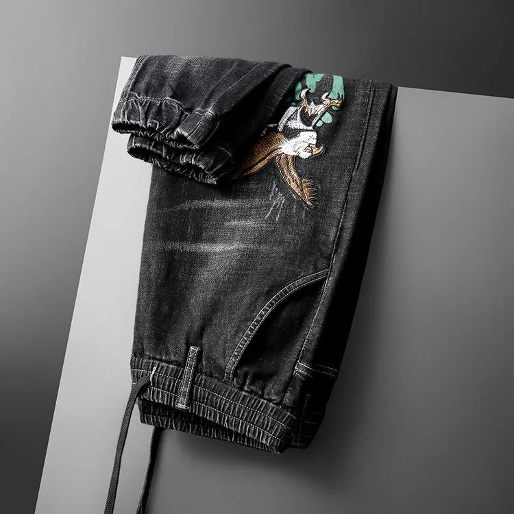 Eagle and Words Embroidery Decorated Black Jeans