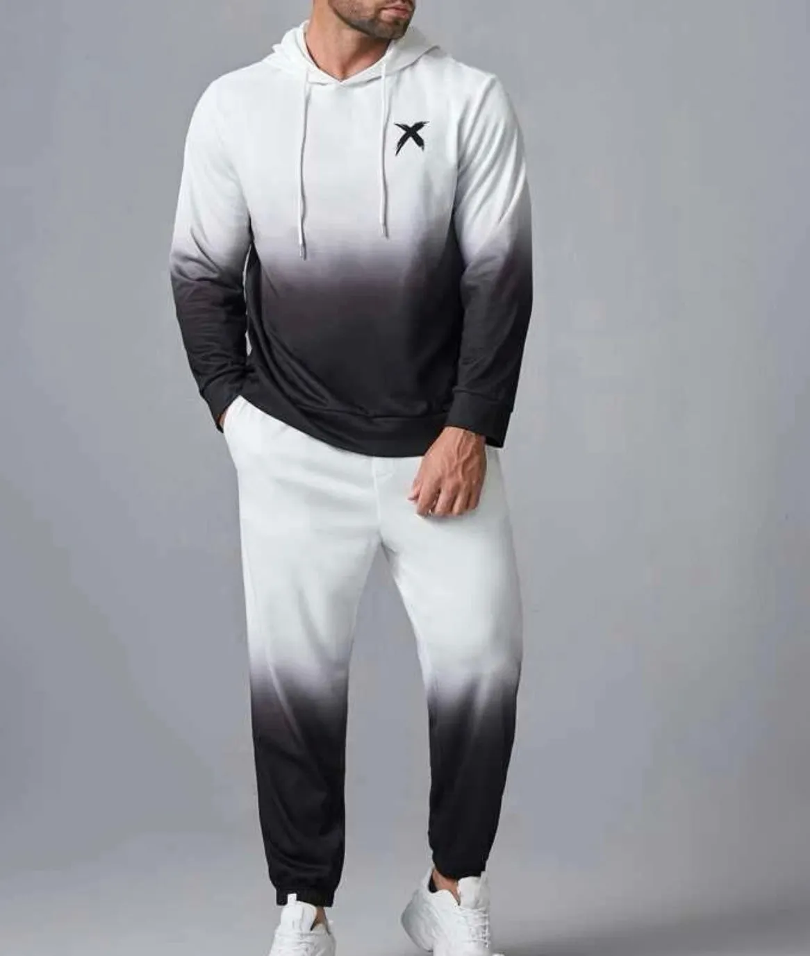 Extended sizes men ombre & graphic print sweatshirt and sweatpants set
