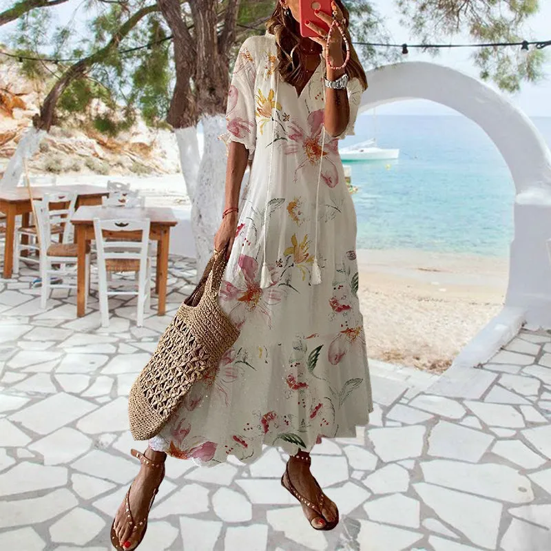 Floral maxi dress with v-neck and tassel