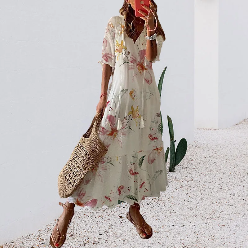 Floral maxi dress with v-neck and tassel