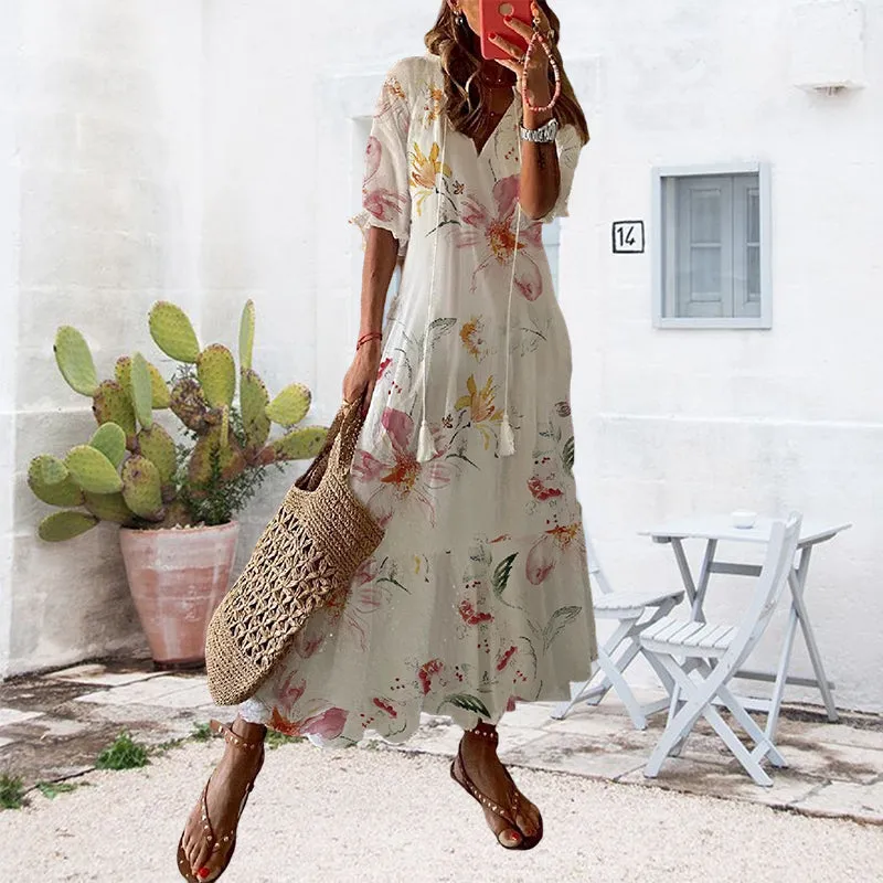 Floral maxi dress with v-neck and tassel