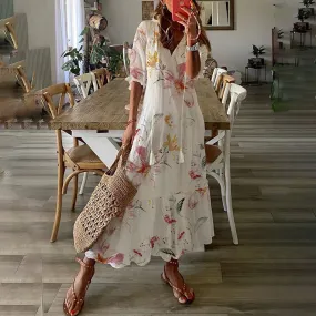Floral maxi dress with v-neck and tassel