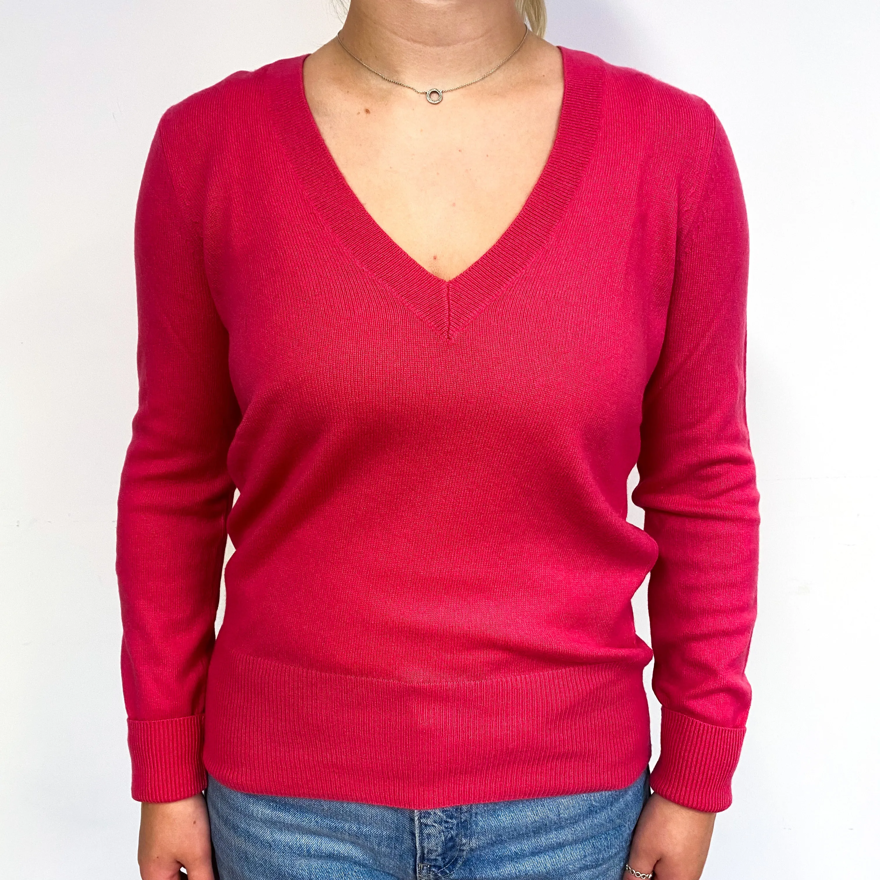 Fuchsia Pink Cashmere V Neck Jumper Small