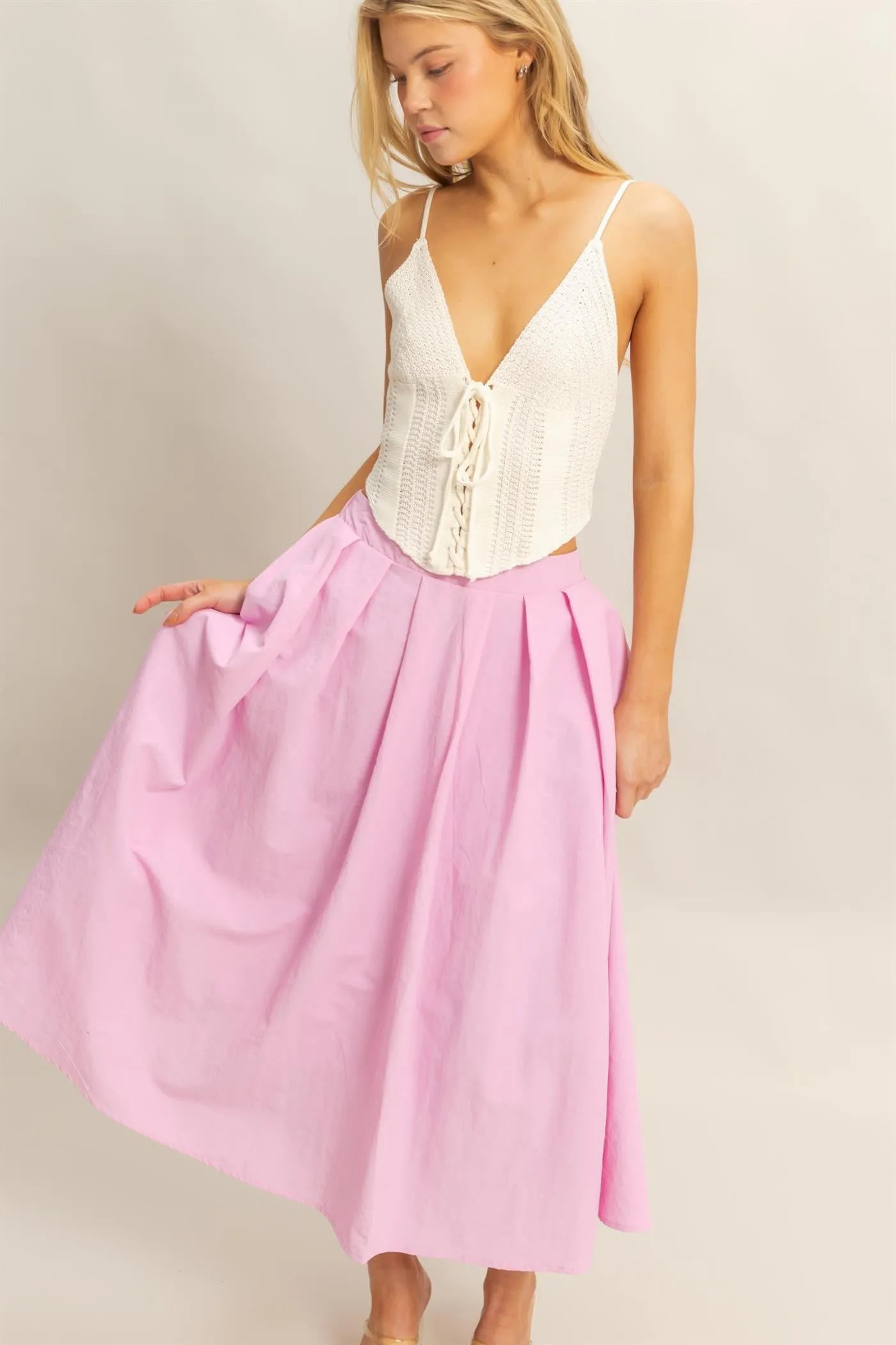 High-Waist Pleated Flowy Maxi Skirt