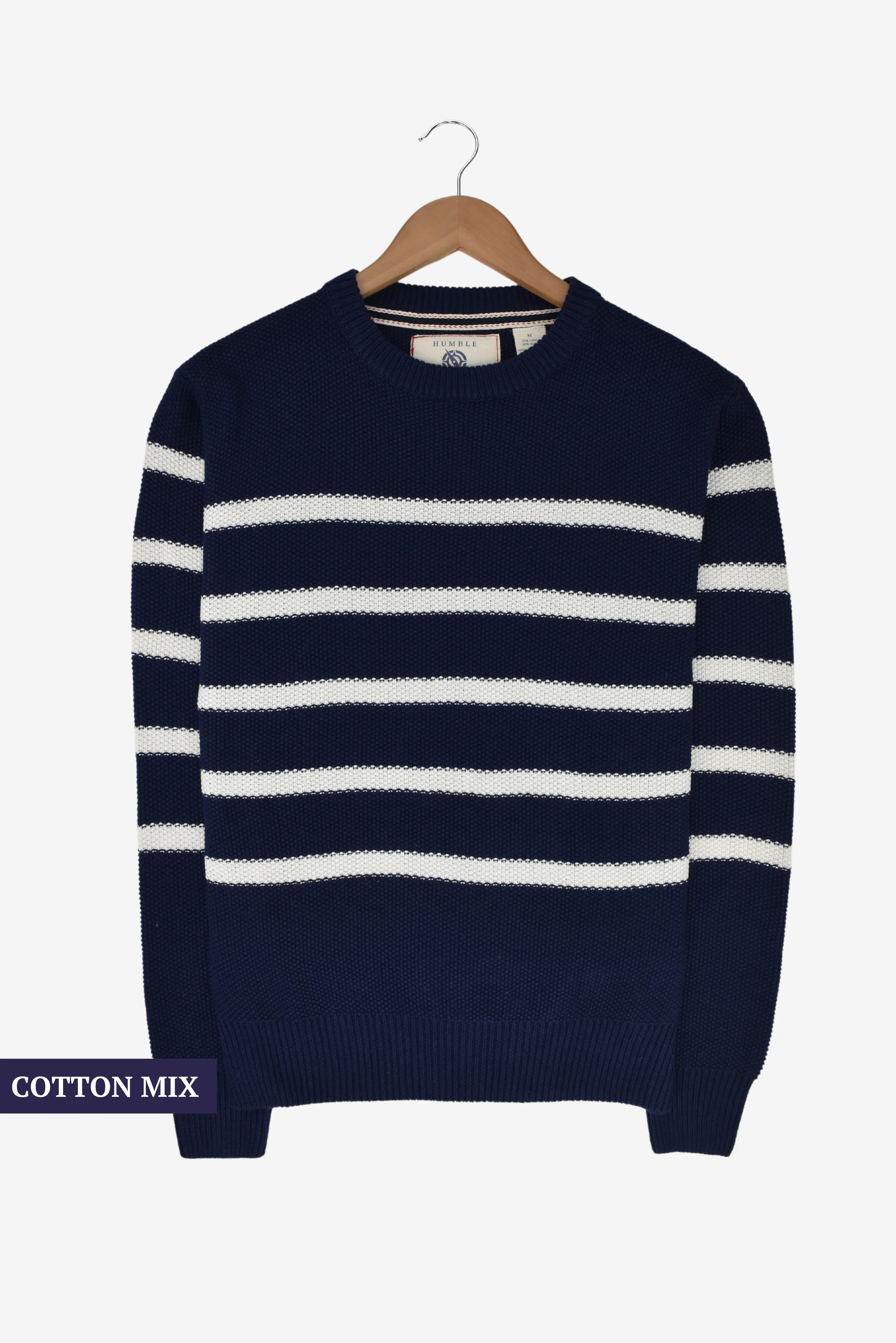 Humble Pioneer - Mens Navy Striped Cotton Mix Crewneck