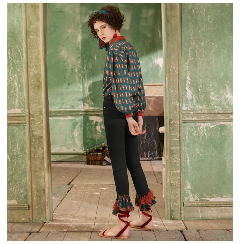 JAM PRINCESS CARTOON PRINT RUFFLE HEM JEANS IN BLACK