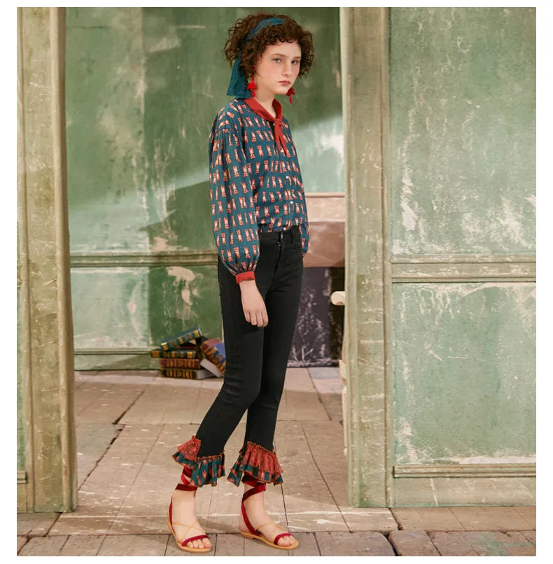 JAM PRINCESS CARTOON PRINT RUFFLE HEM JEANS IN BLACK
