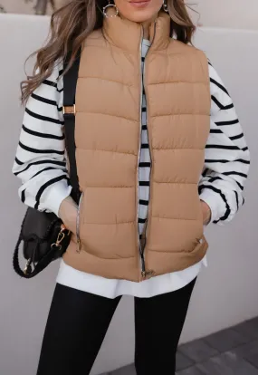 Khaki Zip Up Turtleneck Vest with Pockets