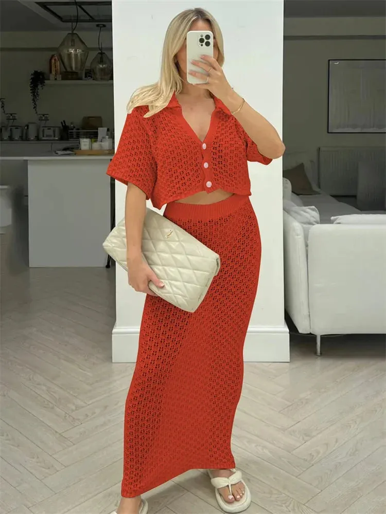 Knit Hollow Out Top and Long Skirt Suit