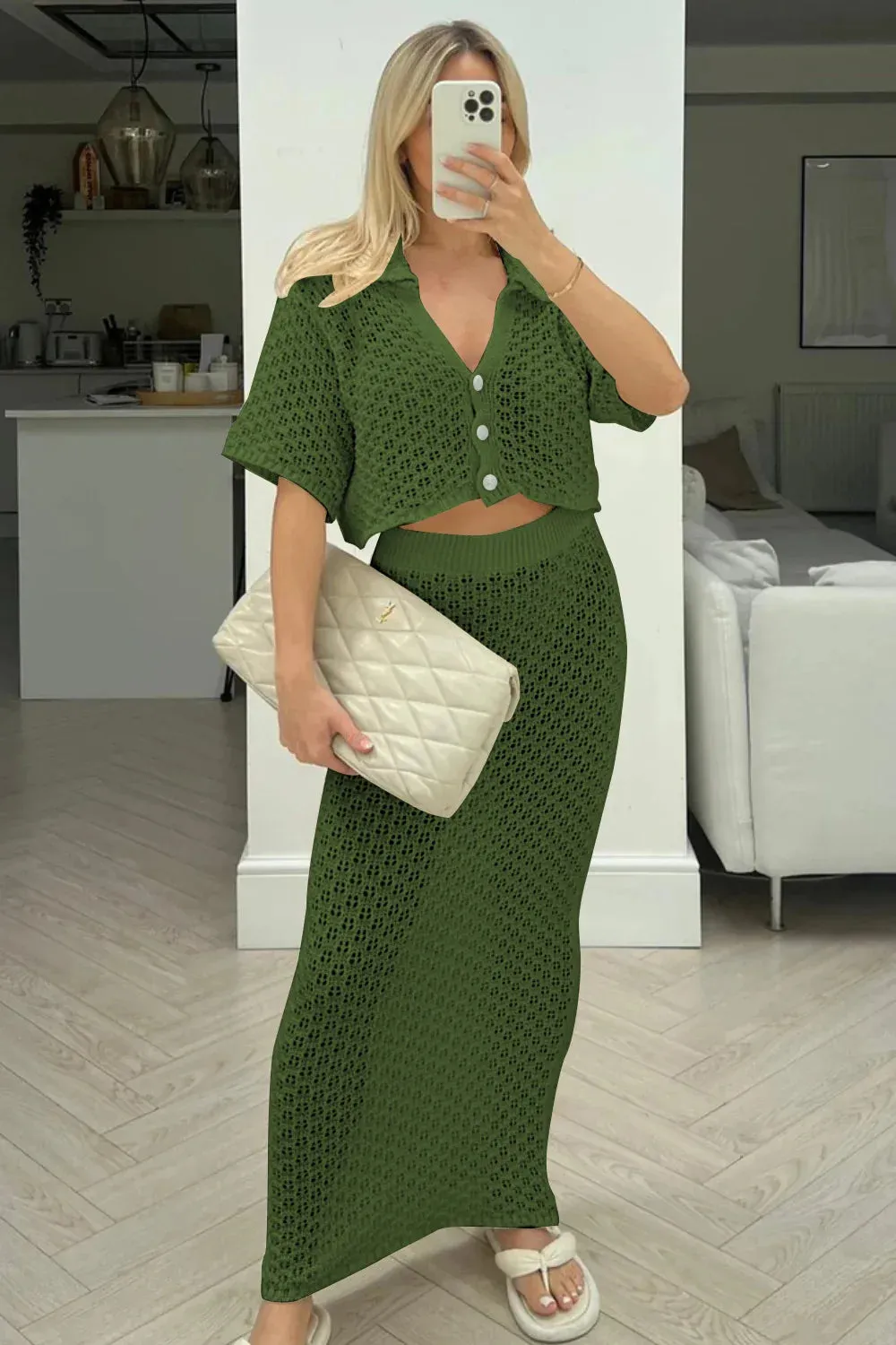 Knit Hollow Out Top and Long Skirt Suit