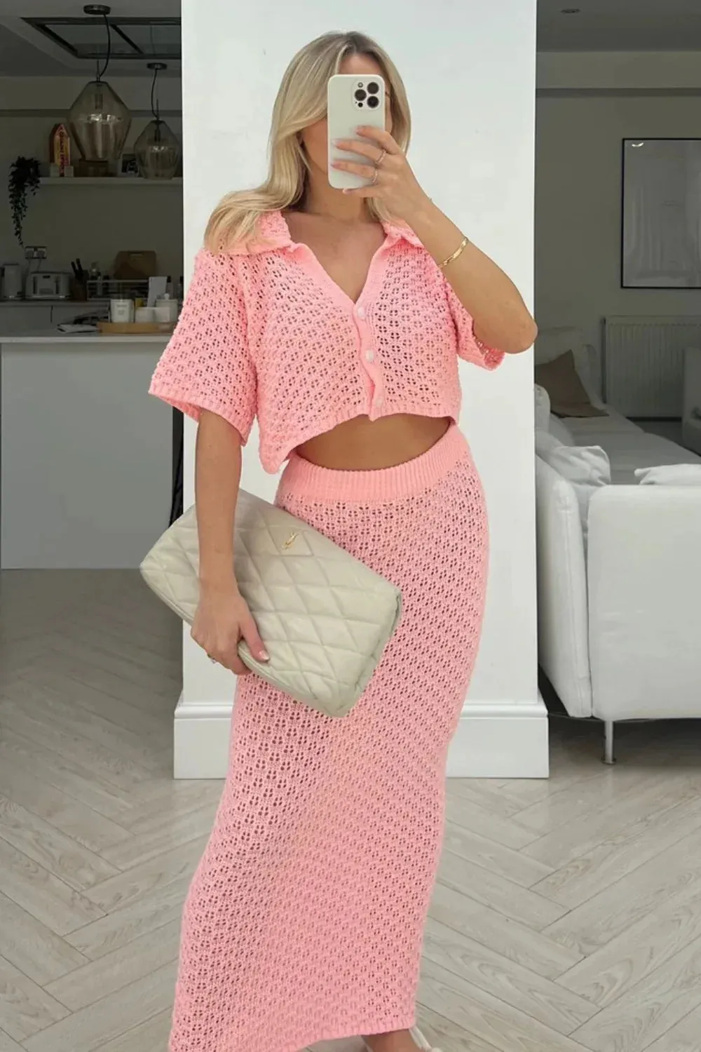 Knit Hollow Out Top and Long Skirt Suit