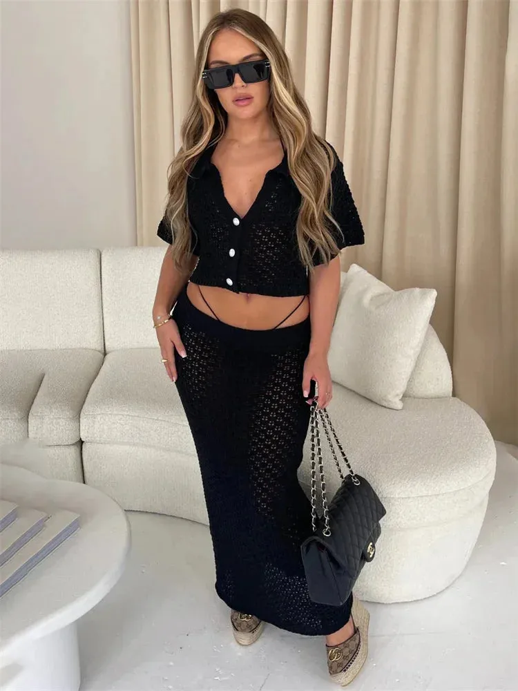 Knit Hollow Out Top and Long Skirt Suit