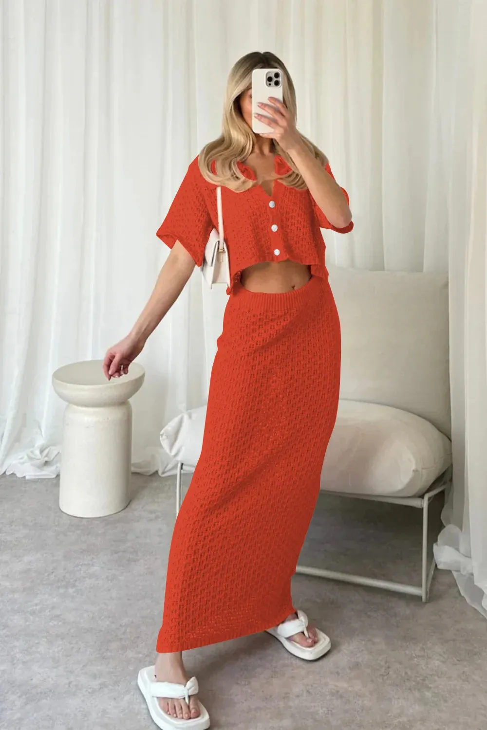 Knit Hollow Out Top and Long Skirt Suit