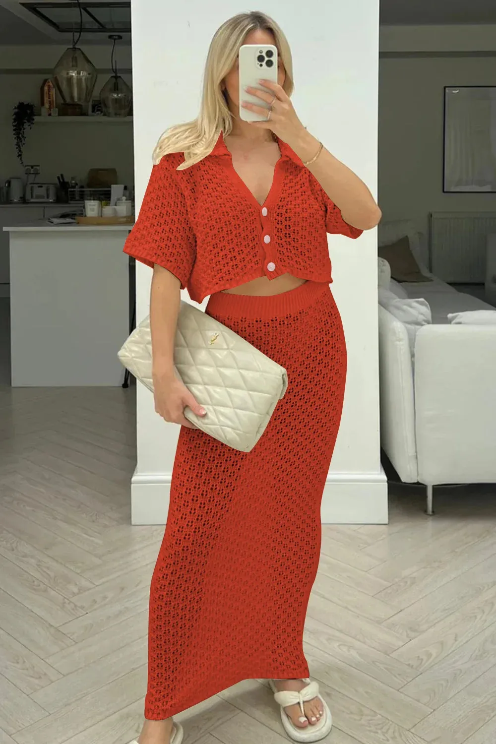 Knit Hollow Out Top and Long Skirt Suit