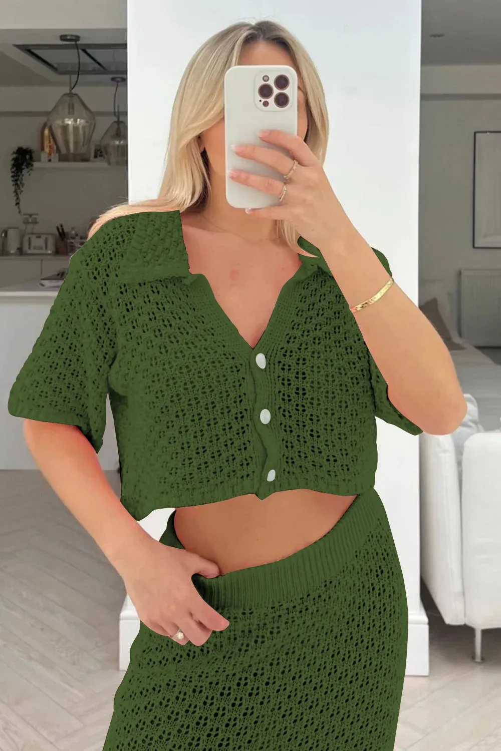 Knit Hollow Out Top and Long Skirt Suit