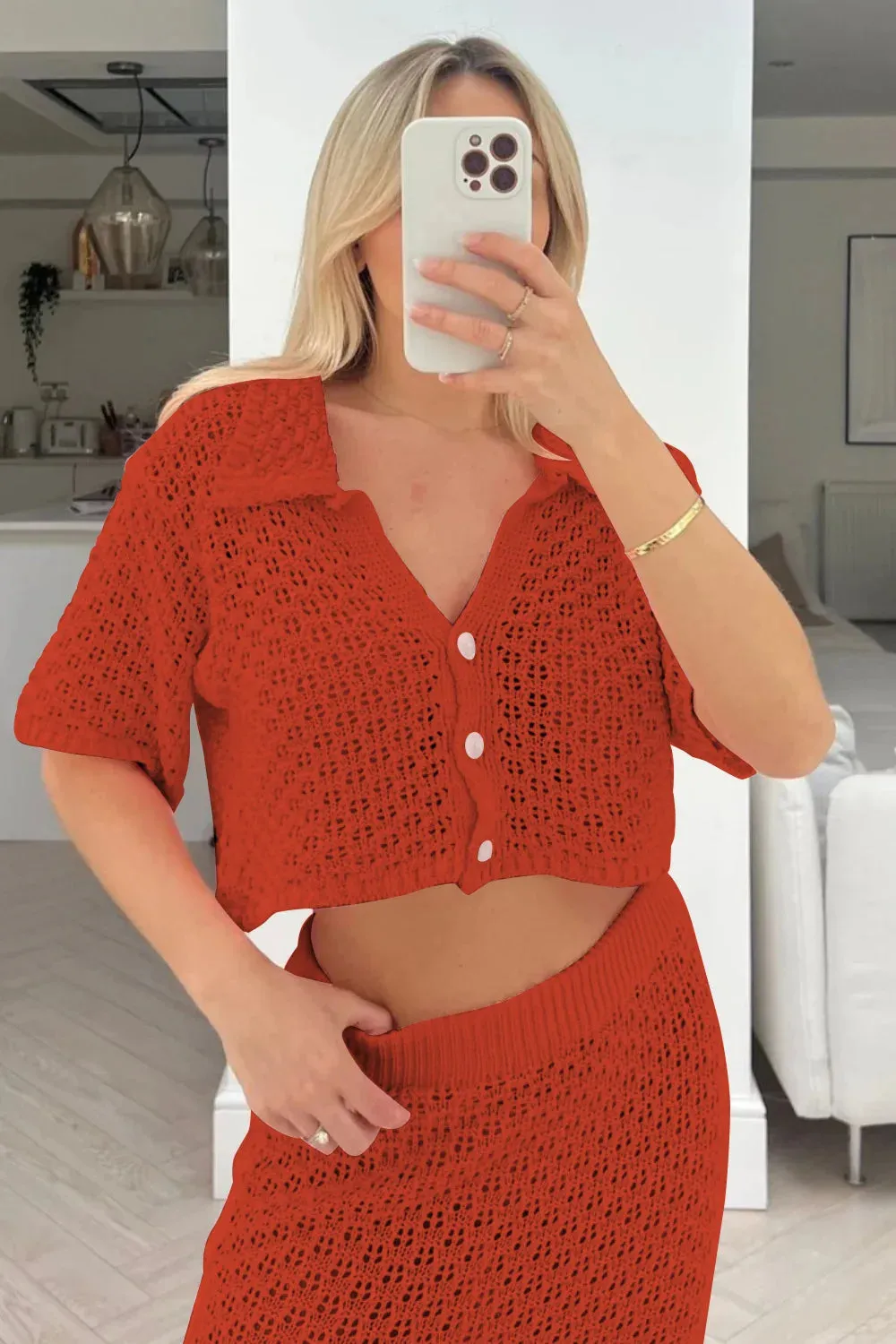 Knit Hollow Out Top and Long Skirt Suit