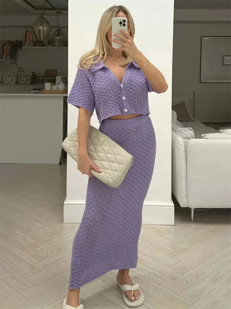 Knit Hollow Out Top and Long Skirt Suit
