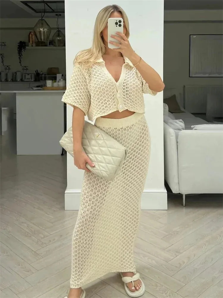 Knit Hollow Out Top and Long Skirt Suit
