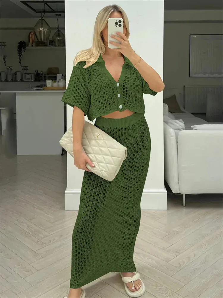 Knit Hollow Out Top and Long Skirt Suit