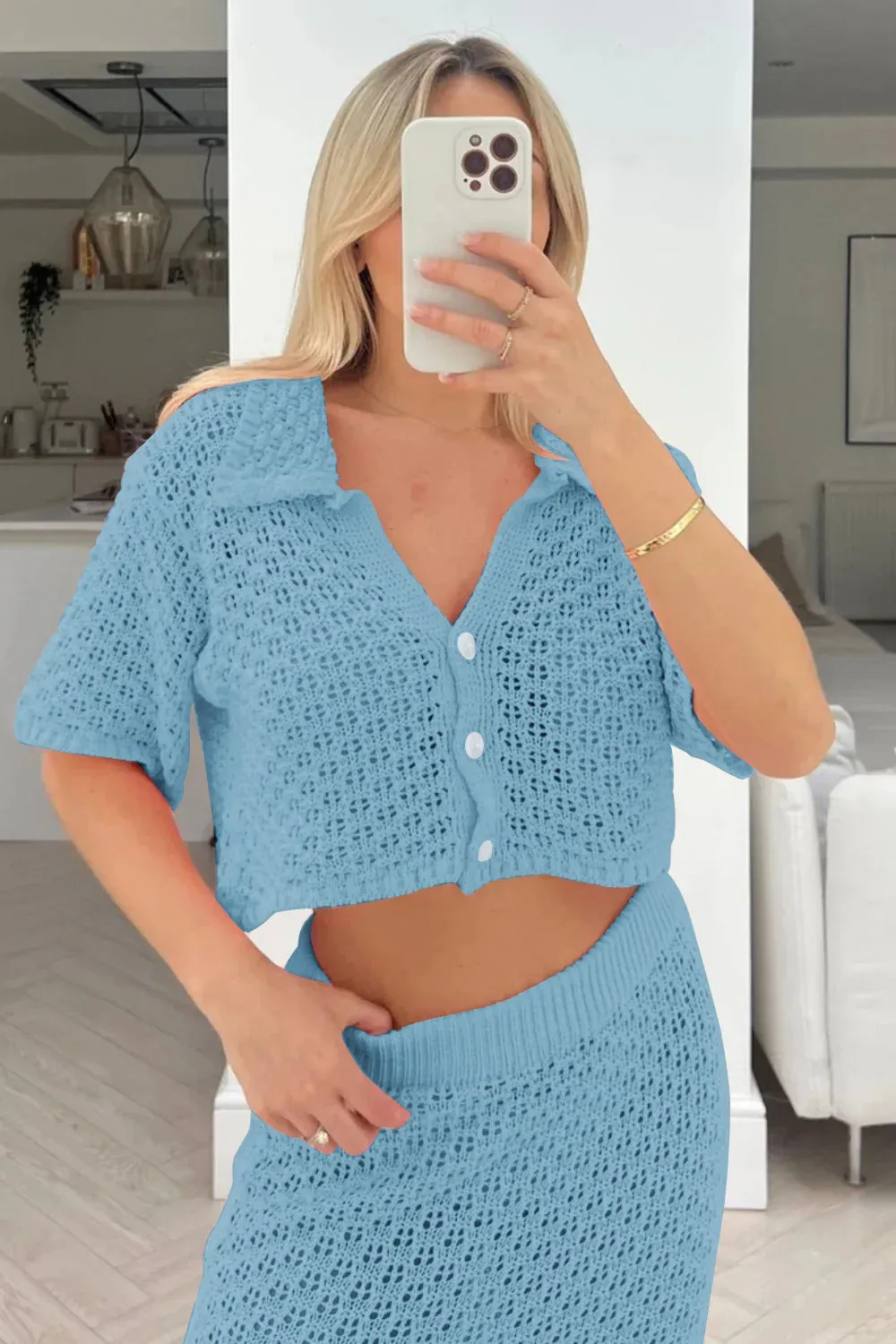 Knit Hollow Out Top and Long Skirt Suit