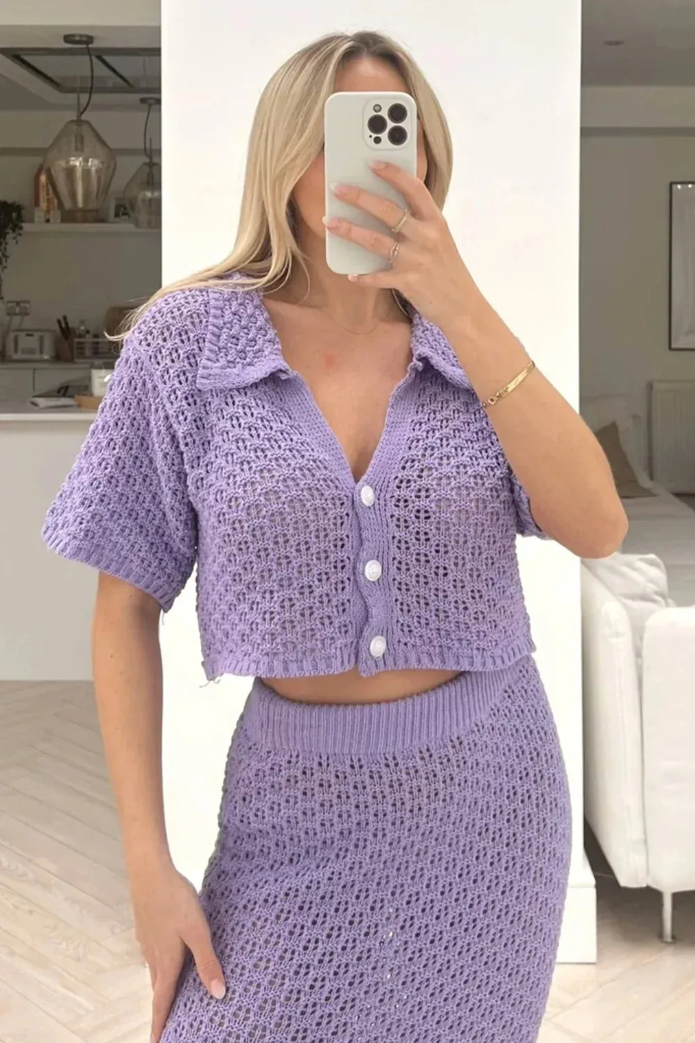 Knit Hollow Out Top and Long Skirt Suit
