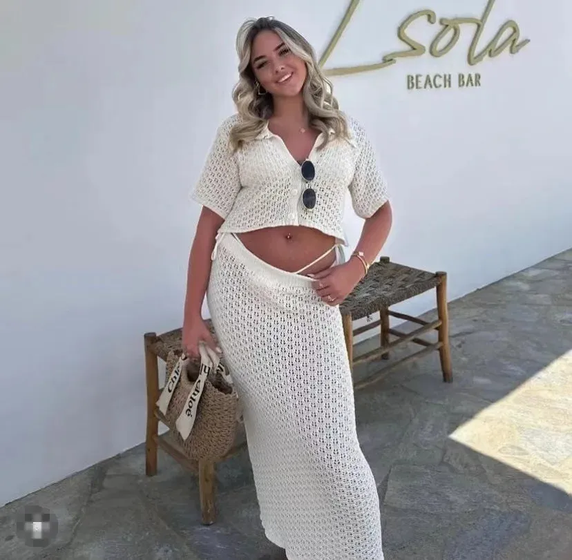 Knit Hollow Out Top and Long Skirt Suit