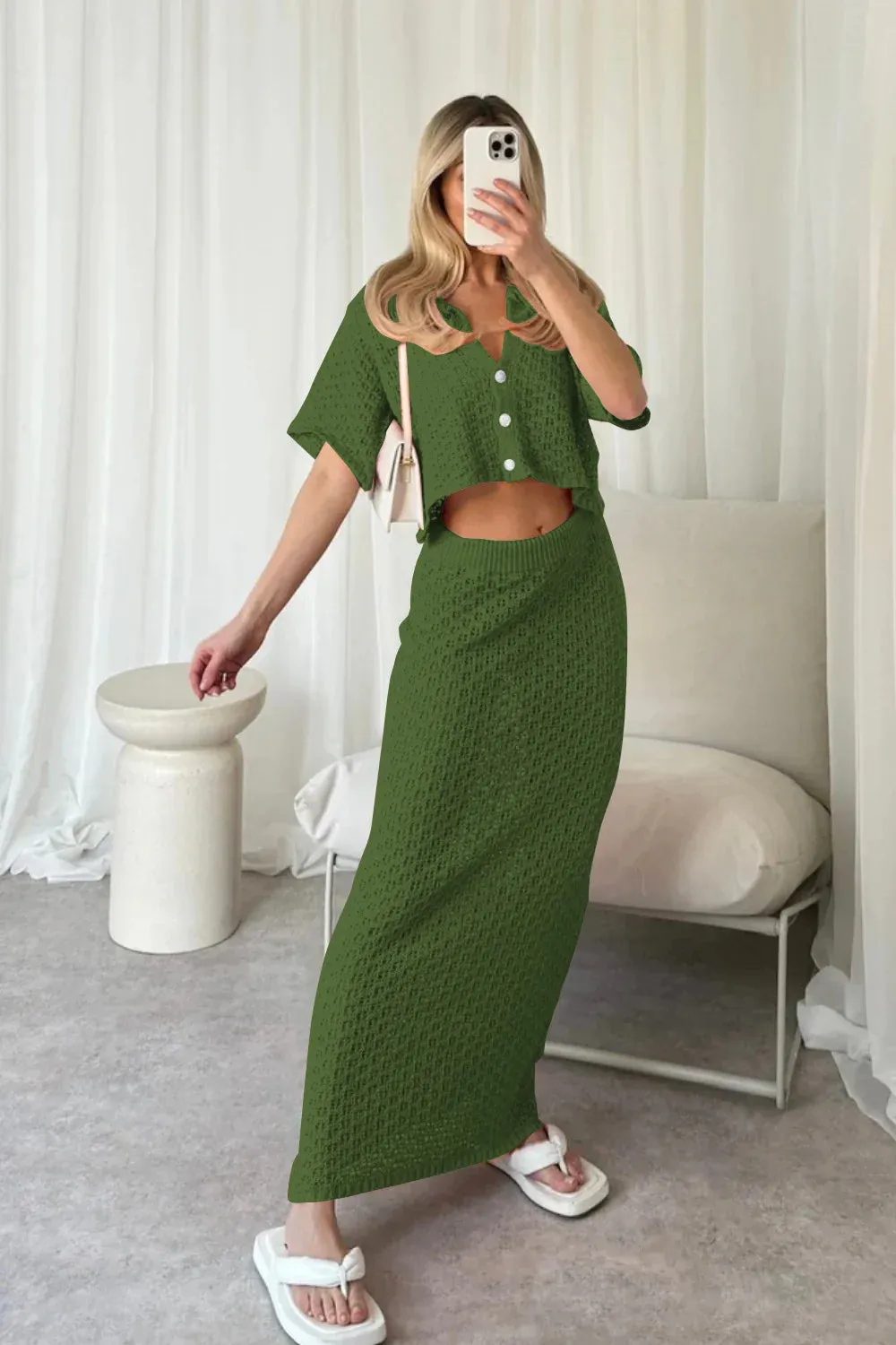 Knit Hollow Out Top and Long Skirt Suit