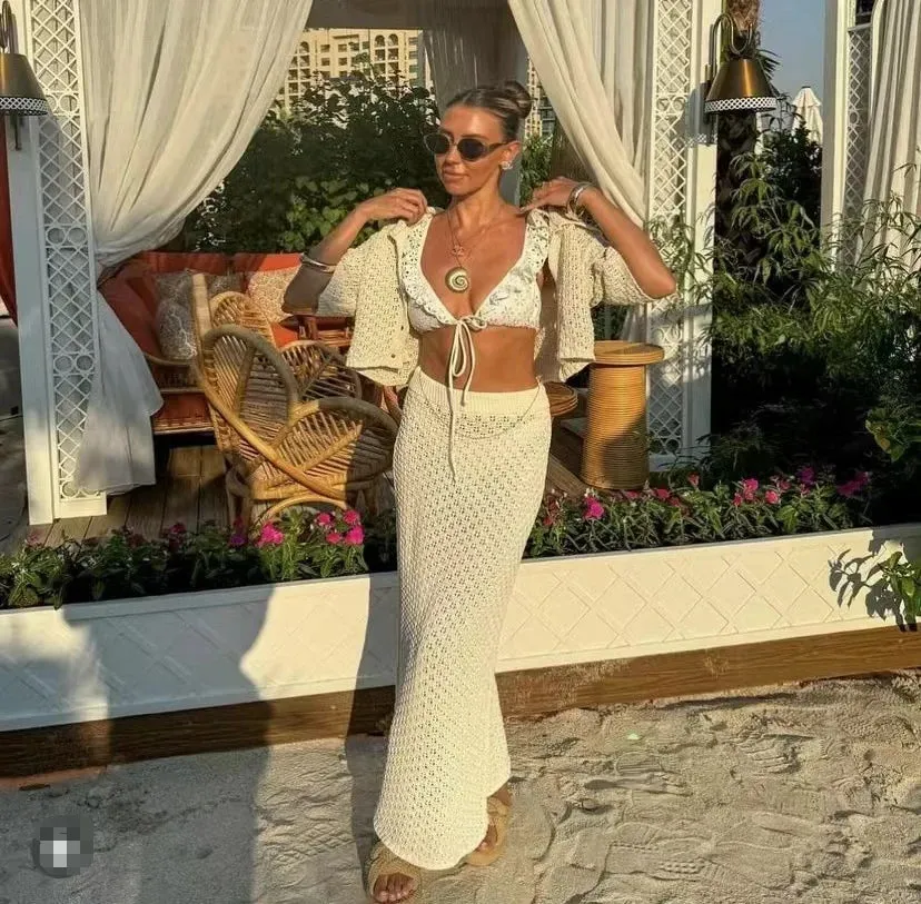 Knit Hollow Out Top and Long Skirt Suit