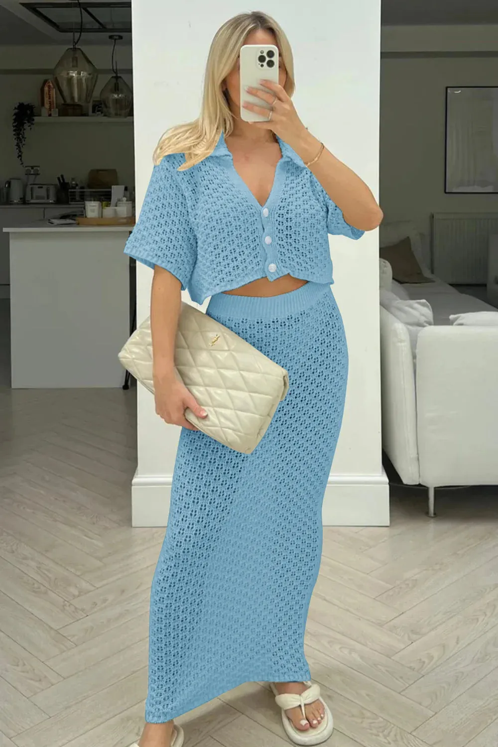 Knit Hollow Out Top and Long Skirt Suit