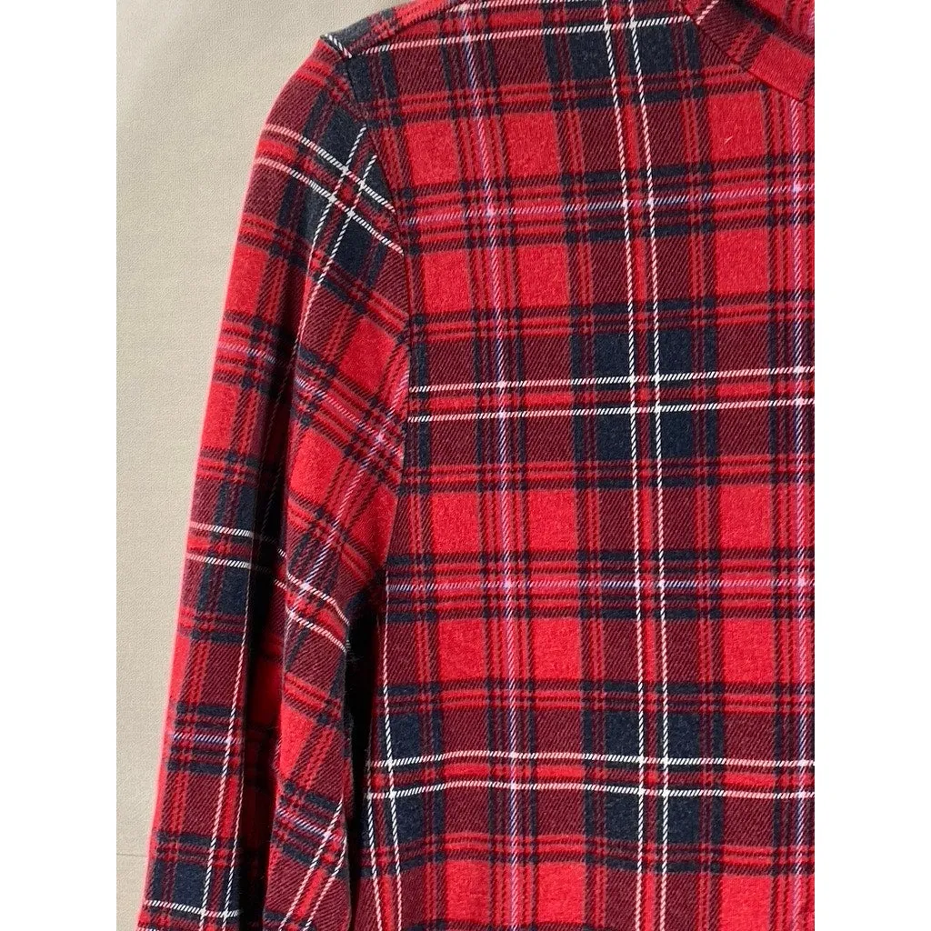LANDS END Women's Tall Red/Navy Plaid Shaped-Fit Pullover Turtleneck Top SZ M/T