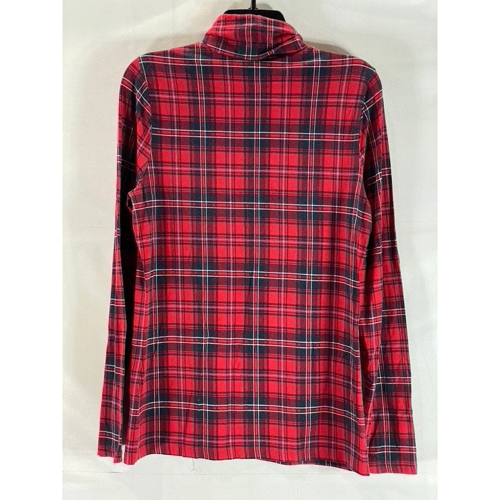 LANDS END Women's Tall Red/Navy Plaid Shaped-Fit Pullover Turtleneck Top SZ M/T