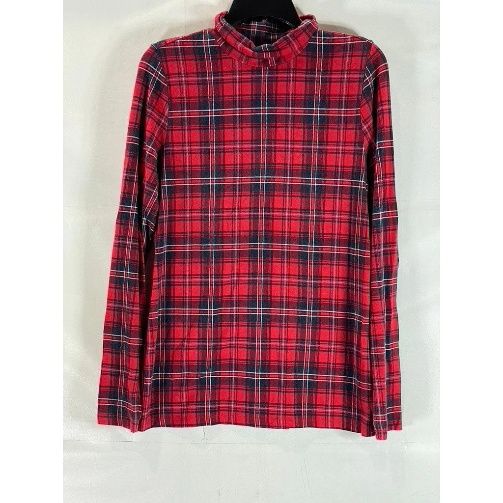 LANDS END Women's Tall Red/Navy Plaid Shaped-Fit Pullover Turtleneck Top SZ M/T