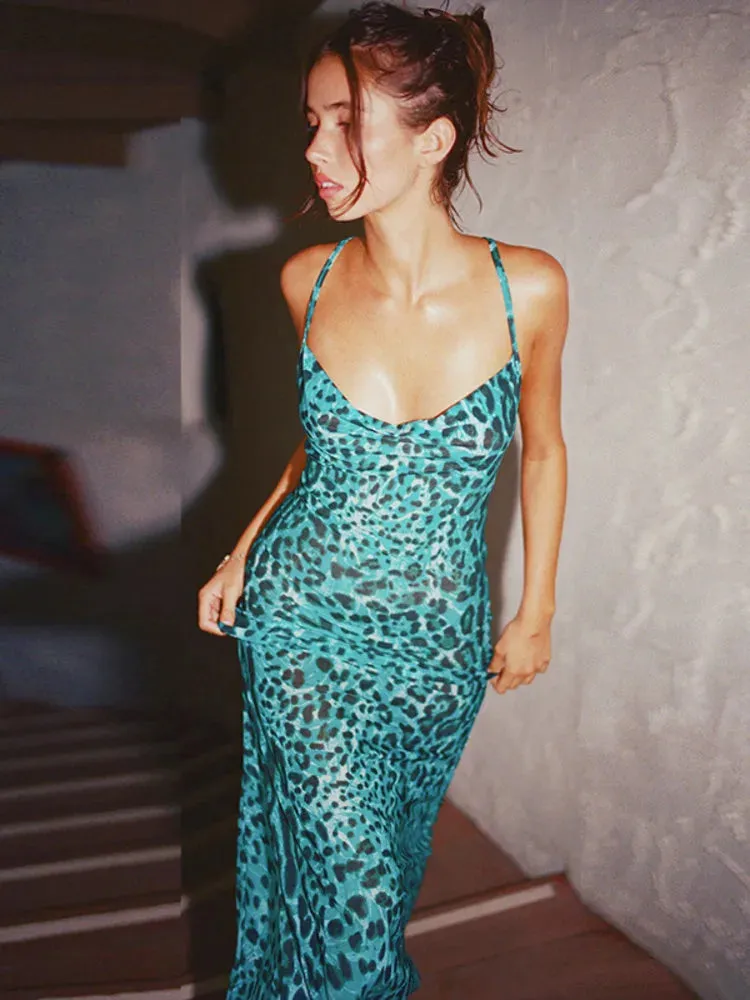 Leopard Turquoise Cami Dress - Evening Elegance