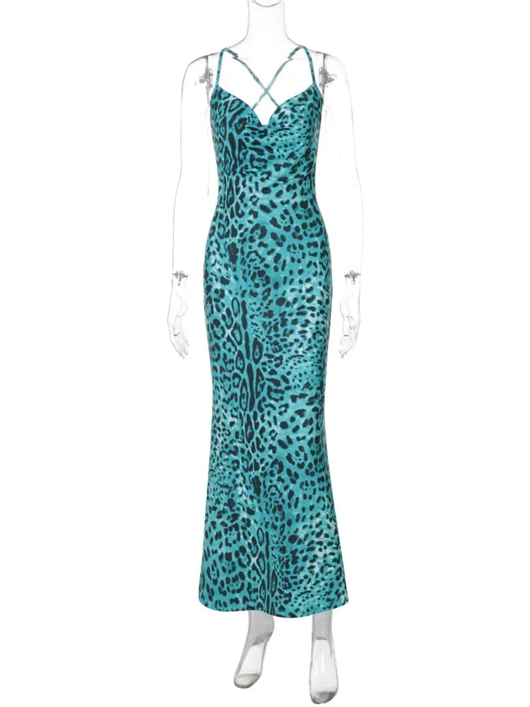 Leopard Turquoise Cami Dress - Evening Elegance
