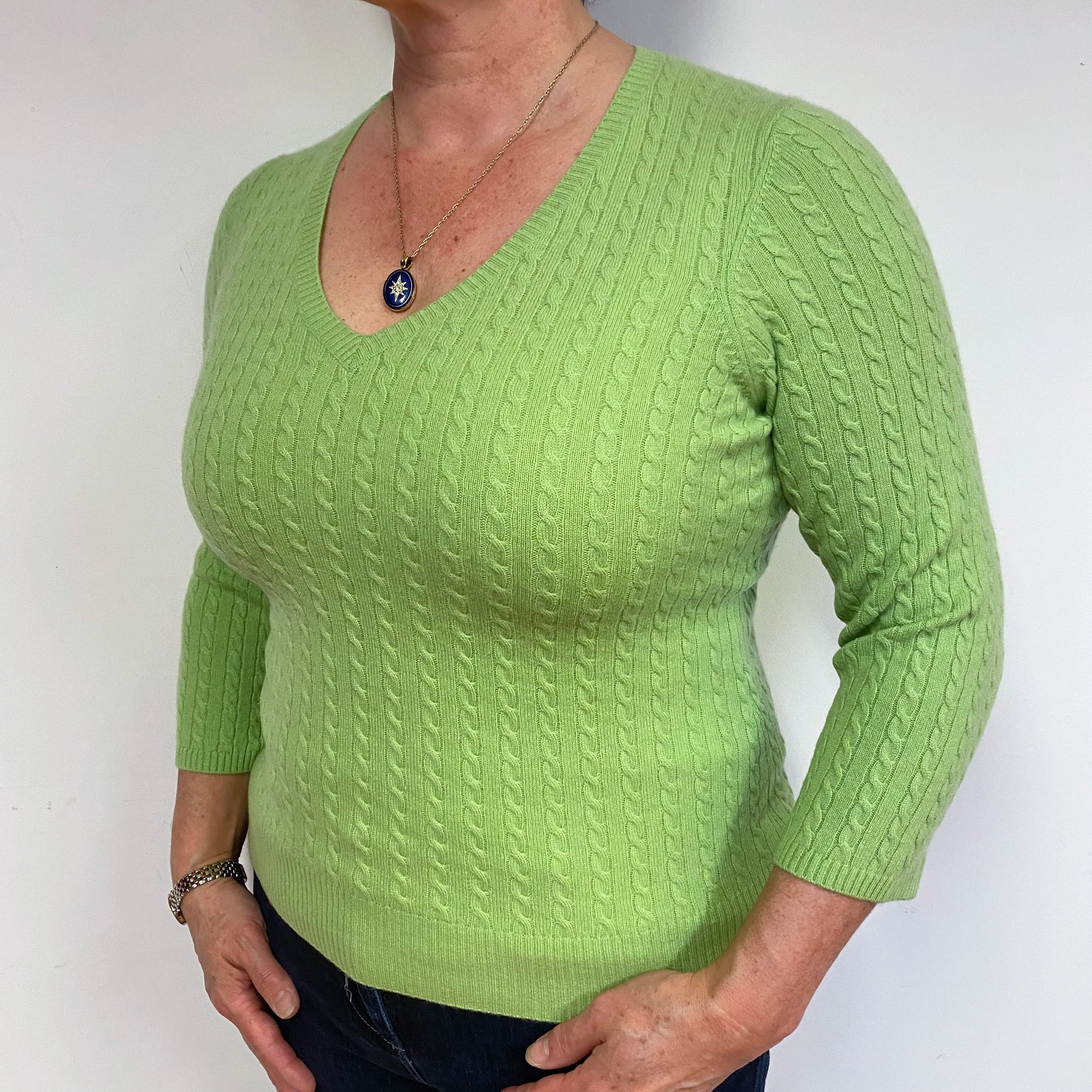 Lime Green Cable Cashmere V-Neck Jumper Large